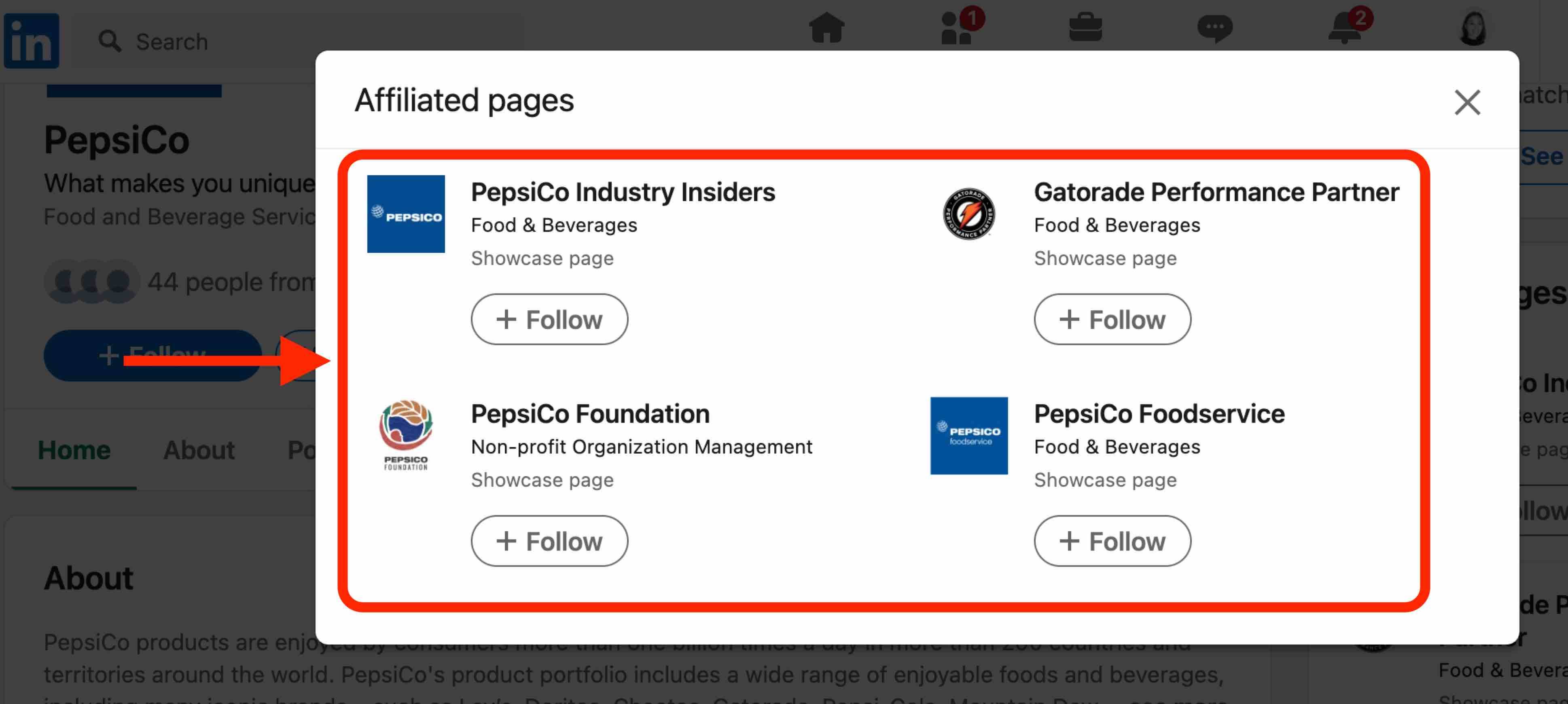 百事可乐的LinkedIn展示页面示例