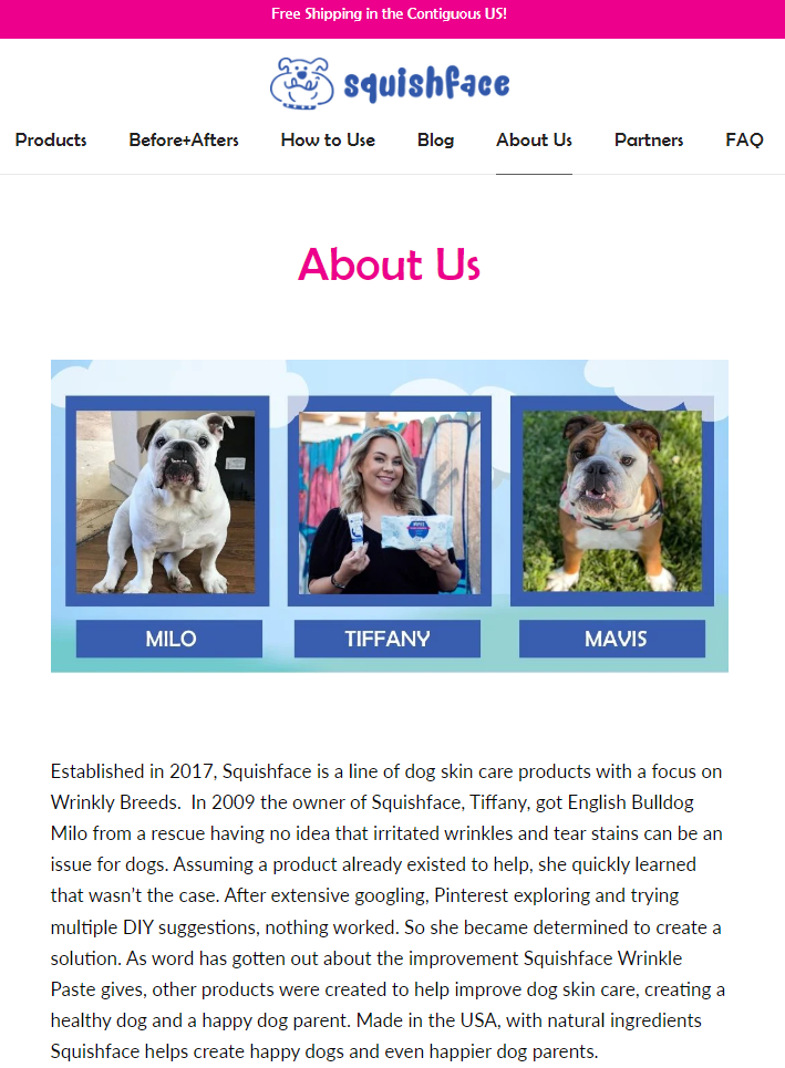 Site-ul Shopify care afișează expertiza SquishFace.com