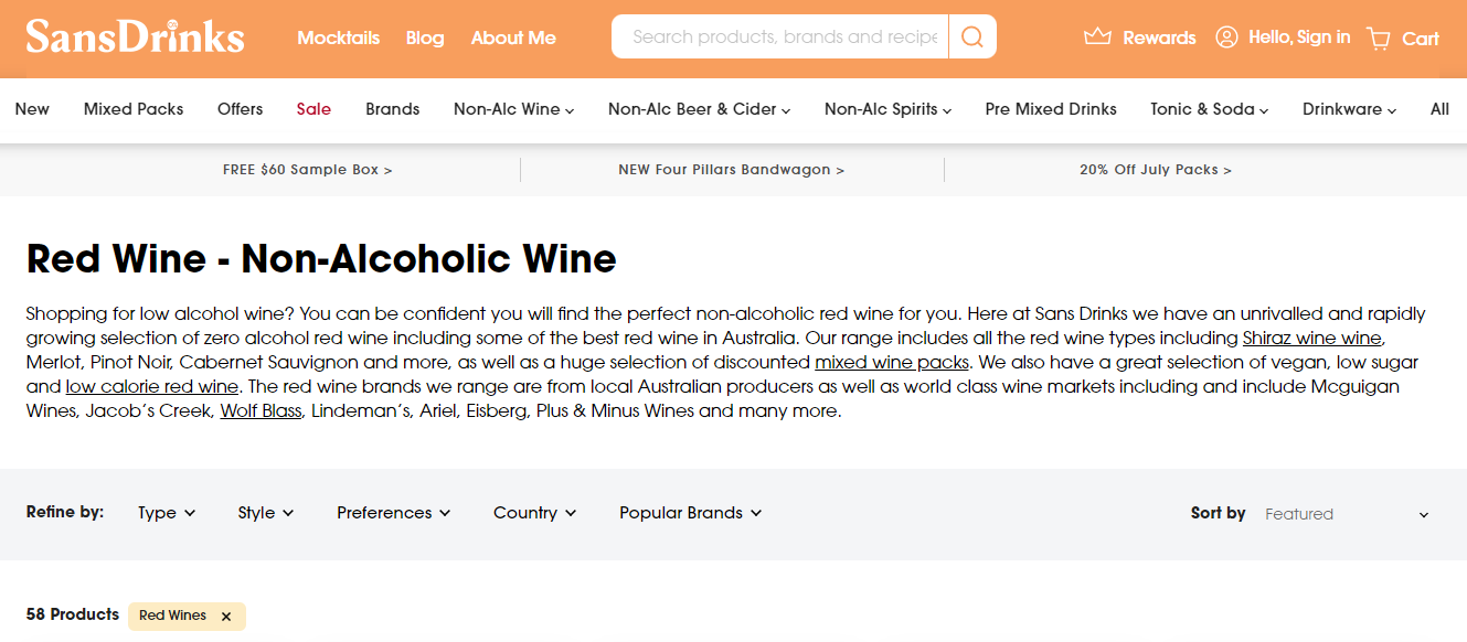 Exemplu de legături interne SansDrinks.com.au