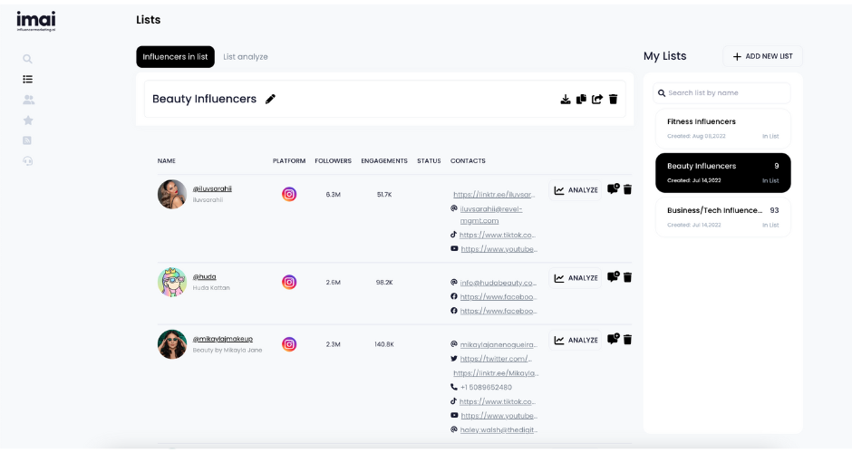 Kontaktdaten von Influencern