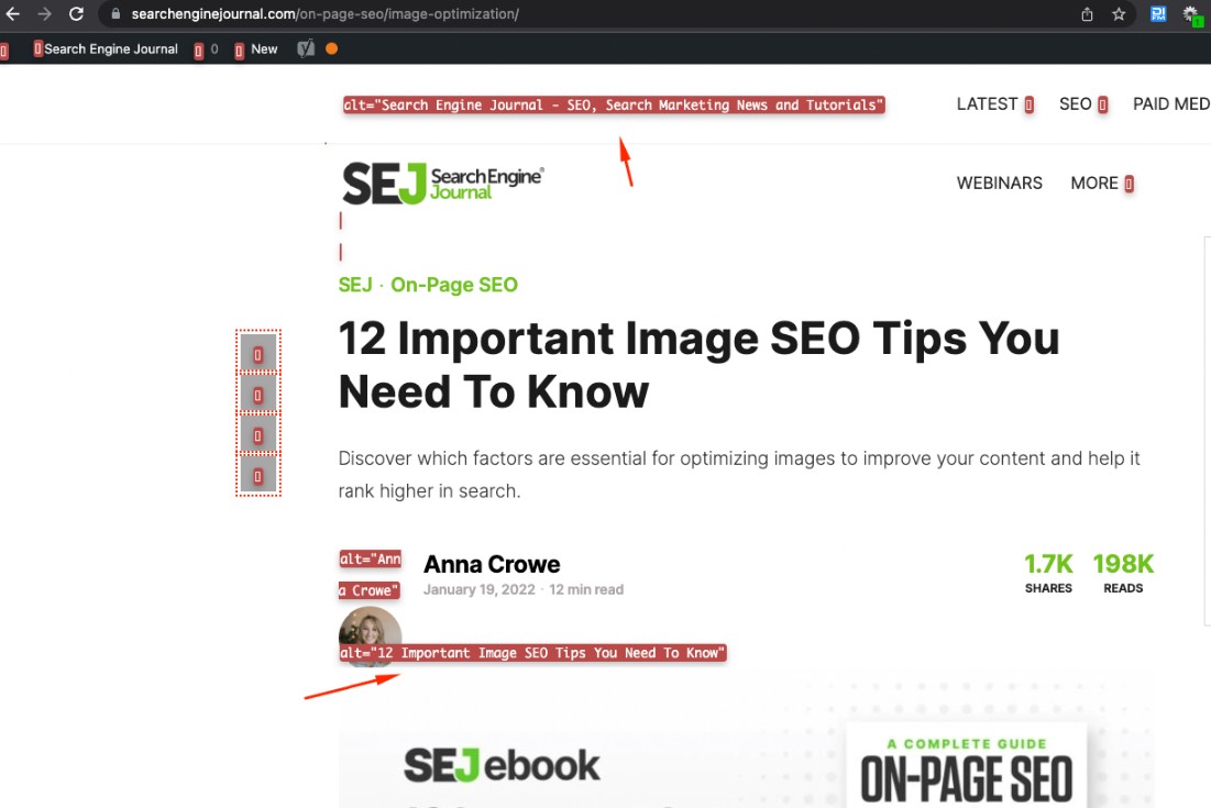 Chrome Web Developer con immagini disabilitate per controllare il testo alternativo