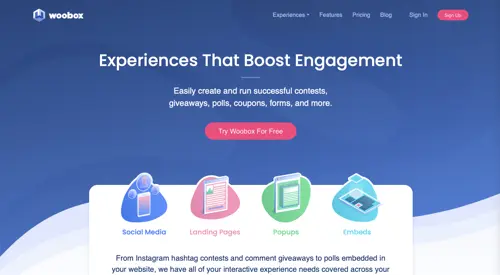 Captură de ecran a paginii de pornire Woobox. Screenshot of Woobox home page.