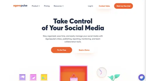 Captură de ecran a paginii de start a Agorapulse. Screenshot of Agorapulse home page.