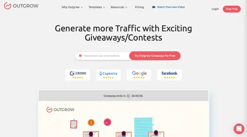 Captură de ecran a paginii web de la Outgrow, concursuri și cadouri. Screenshot of web page from Outgrow, contests and giveaways.