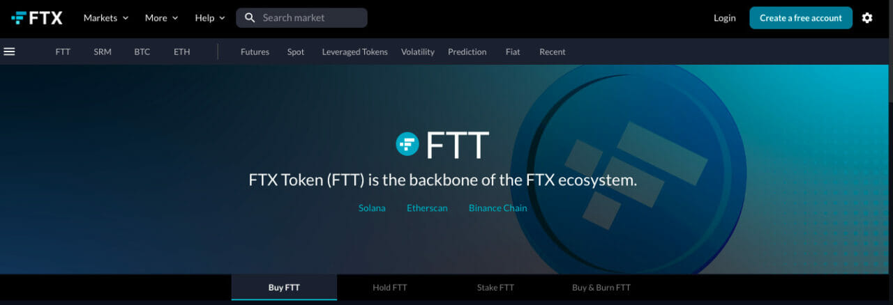 Screenshot der Homepage der FTT-Website von FTX