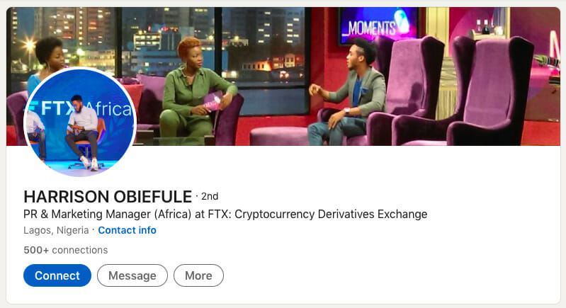 LinkedIn-Seite von FTX-PR-Manager Harrison Obiefule