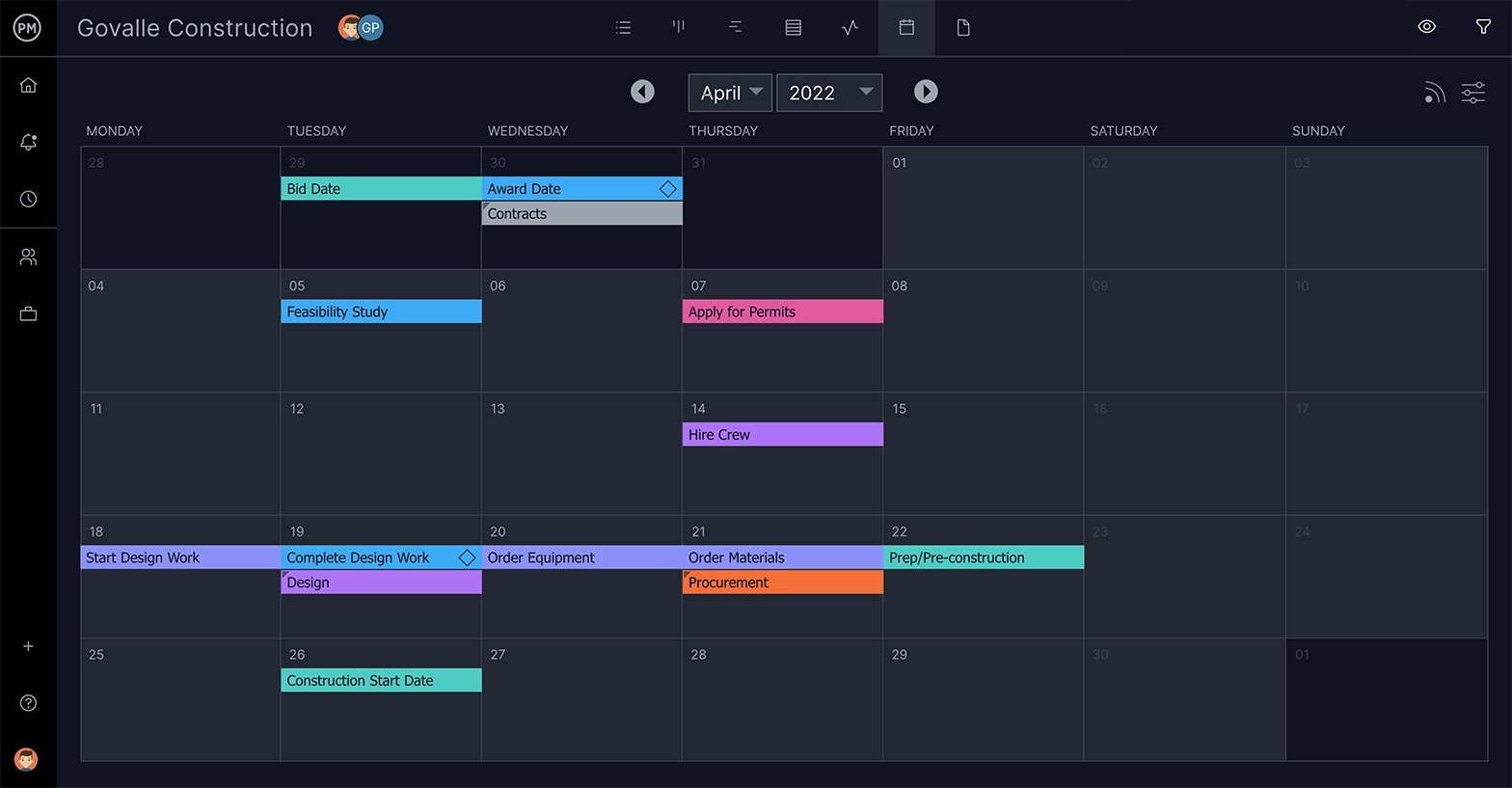La vista del calendario di ProjectManager
