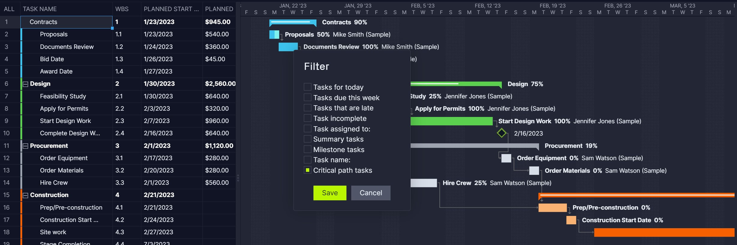 Filtrer par chemin critique sur un diagramme de Gantt