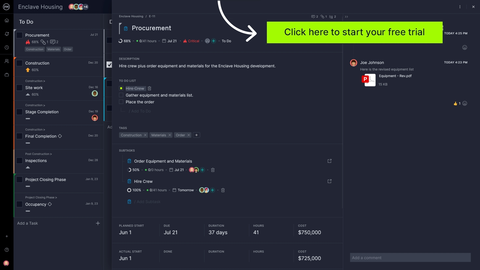 Представление ProjectManager идеально подходит для создания и организации строительных проектов.