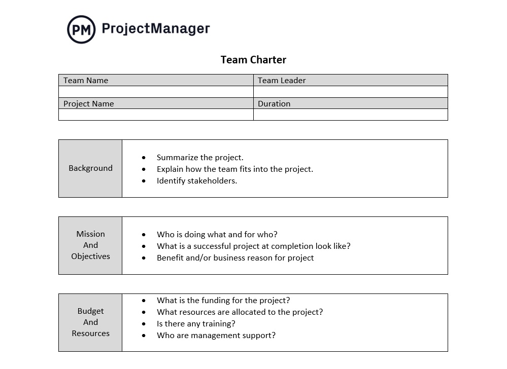 Plantilla de carta de equipo en ProjectManager