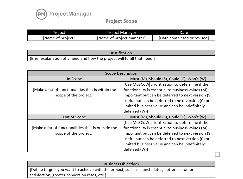 Plantilla de declaración de alcance en ProjectManager