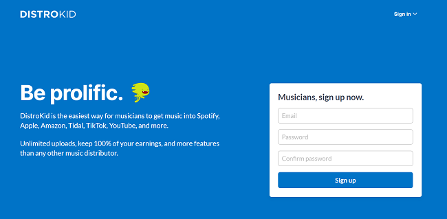 Page d'accueil de Distrokid
