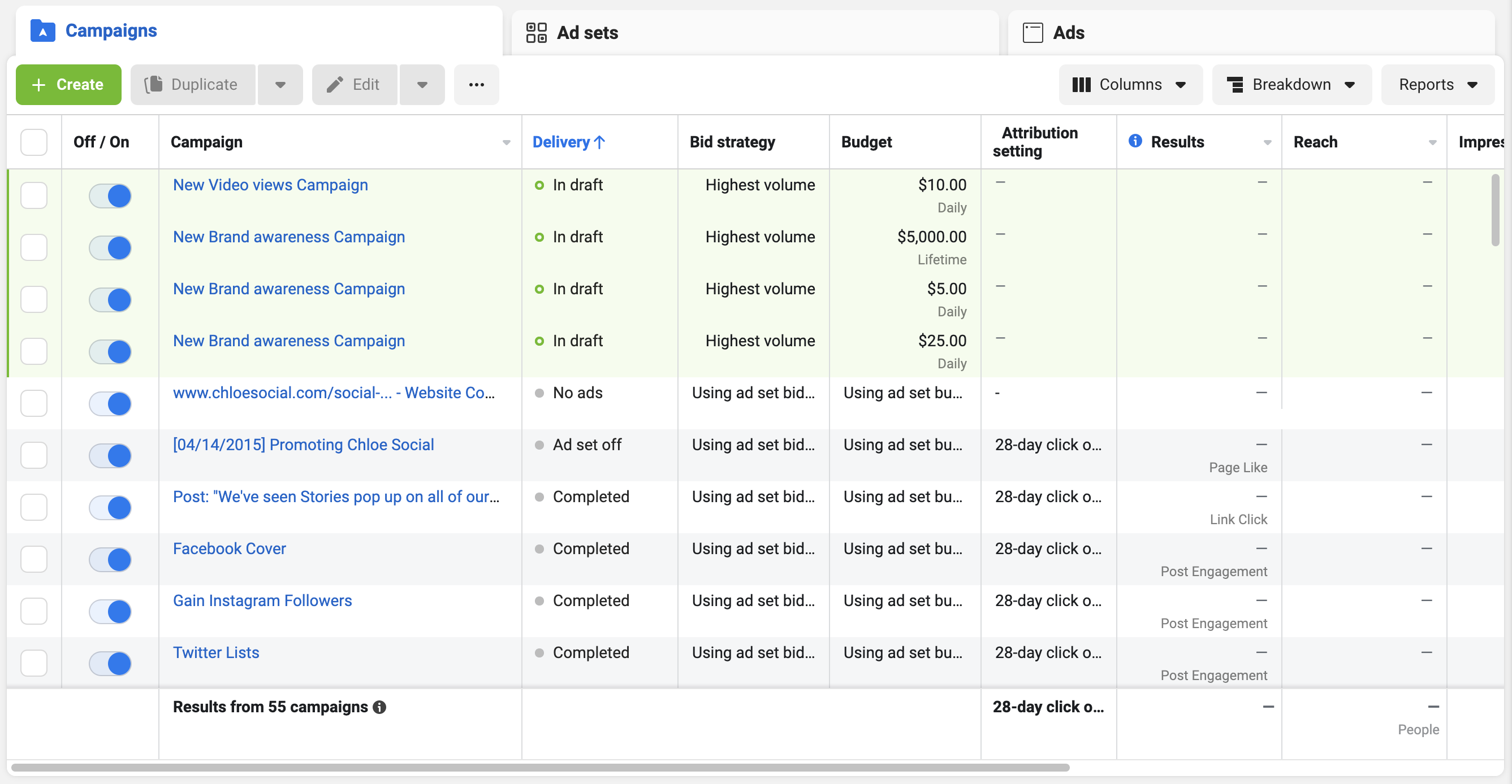 Tangkapan layar dari manajer iklan Facebook