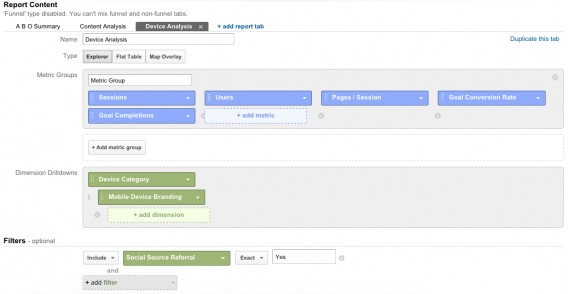 Rapporto sull'analisi delle prestazioni dei social media, configurazione del dispositivo.