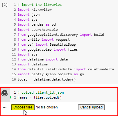 Carica le credenziali API di Search Console in Google Colaboratory