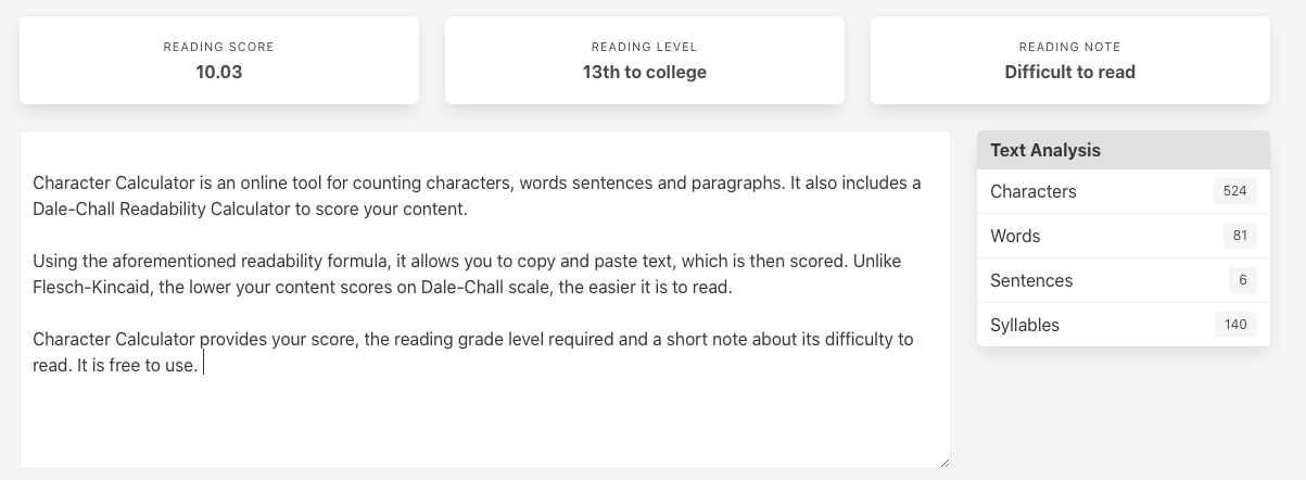 Punteggi di leggibilità del calcolatore di caratteri