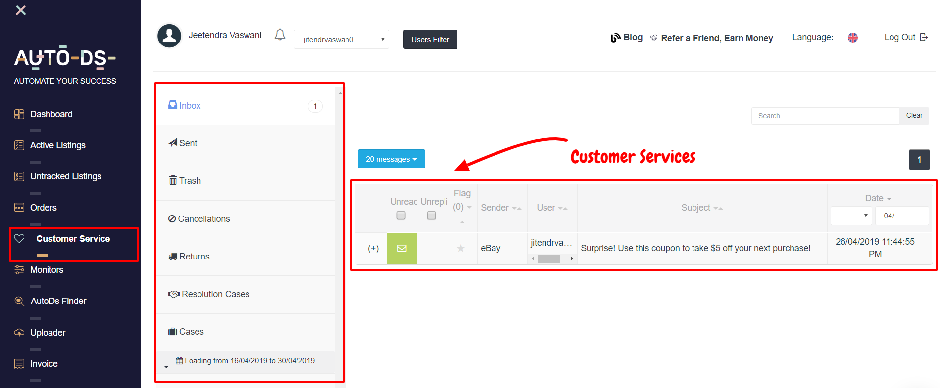 AutoDS Review- ฝ่ายบริการลูกค้าแดชบอร์ด AutoDS Review- Dashboard Customer Service