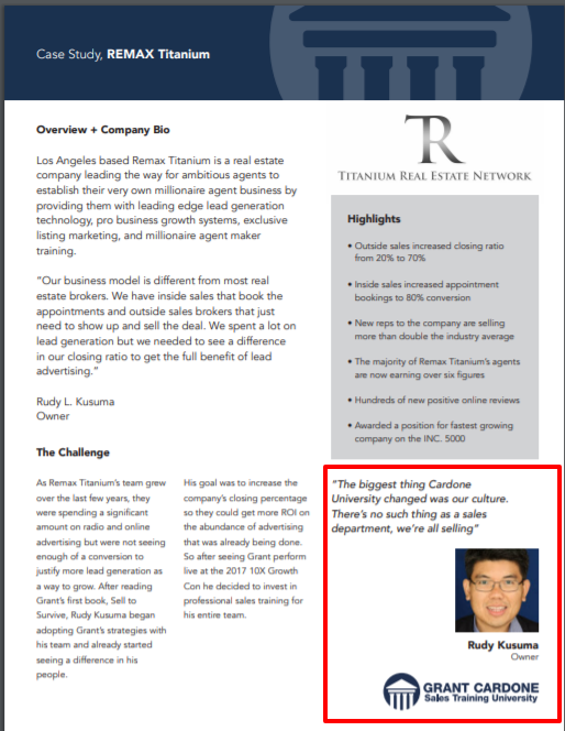 Grant Cardone Sales Training University- Real Estate Remax Titanium Case Study Grant Cardone Sales Training University- Real Estate Remax Titanium Case Study