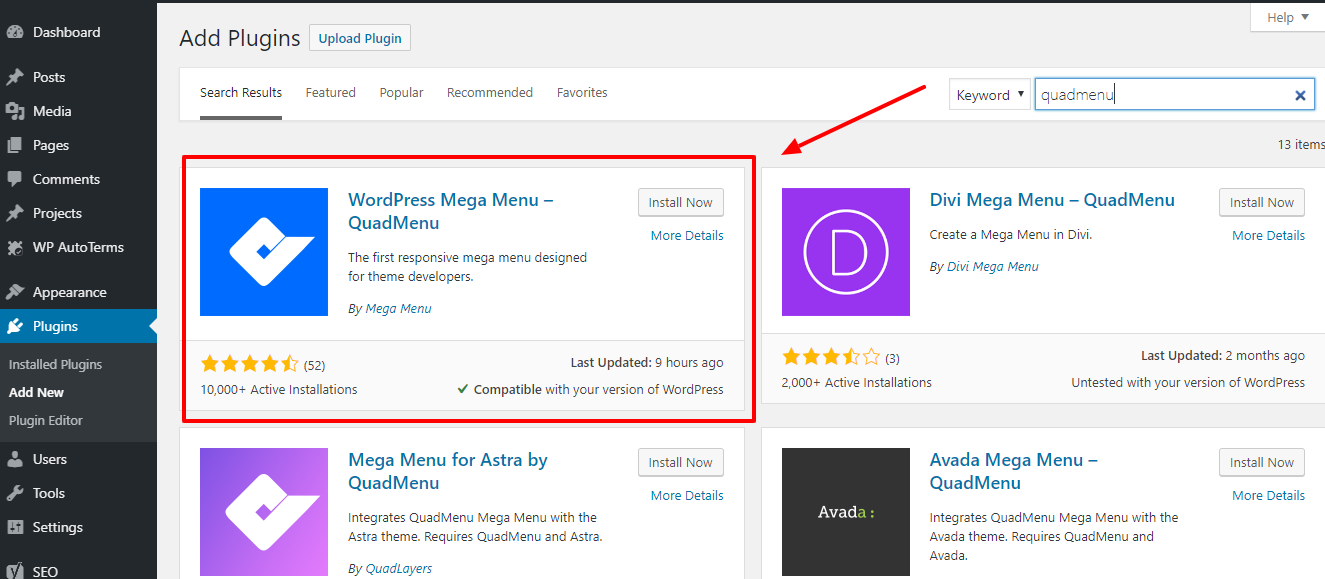 Examen de Quadmenu - Installation Quadmenu Review- Installation