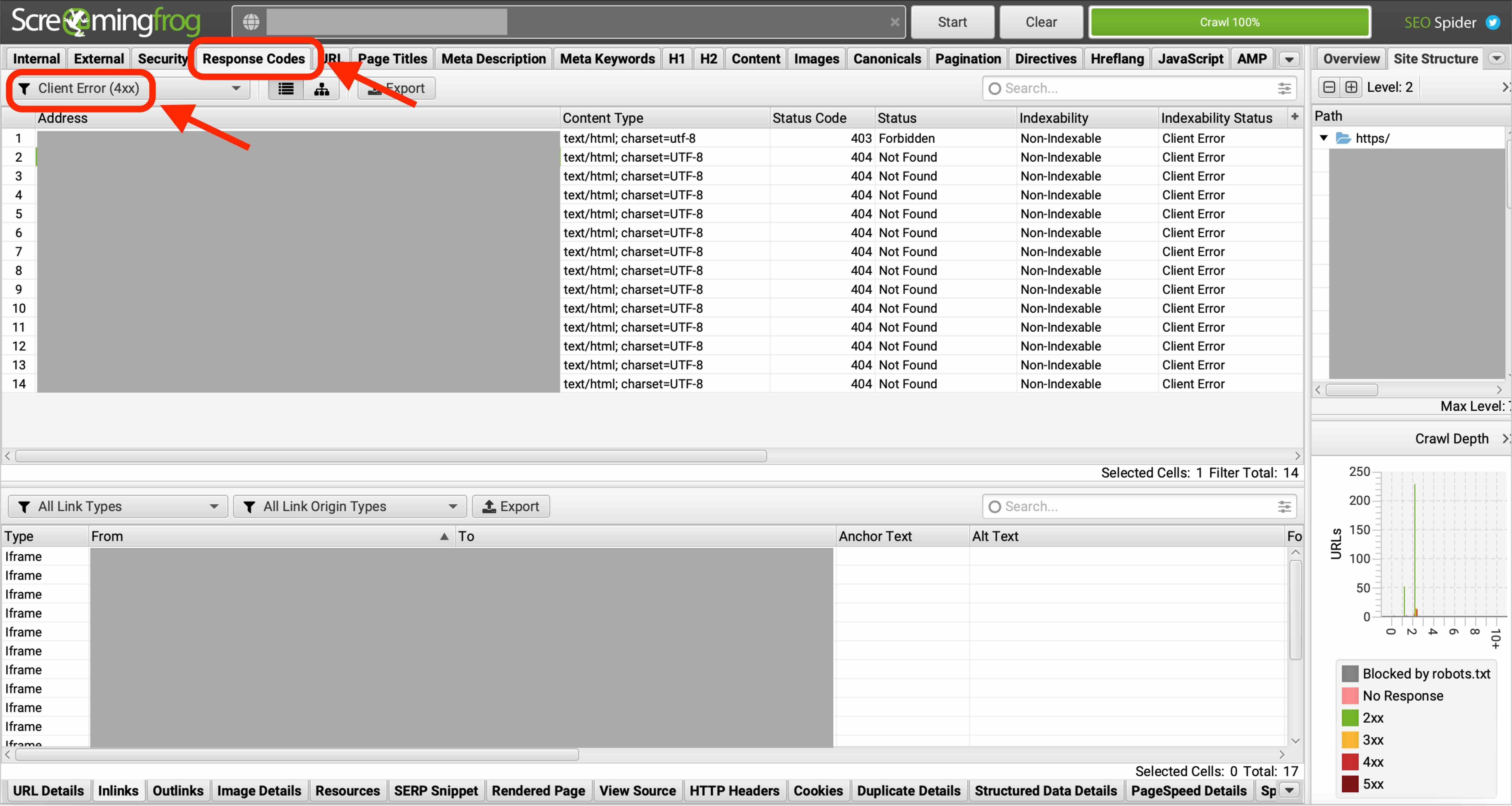 Collegamenti interrotti mostrati su Screaming Frog