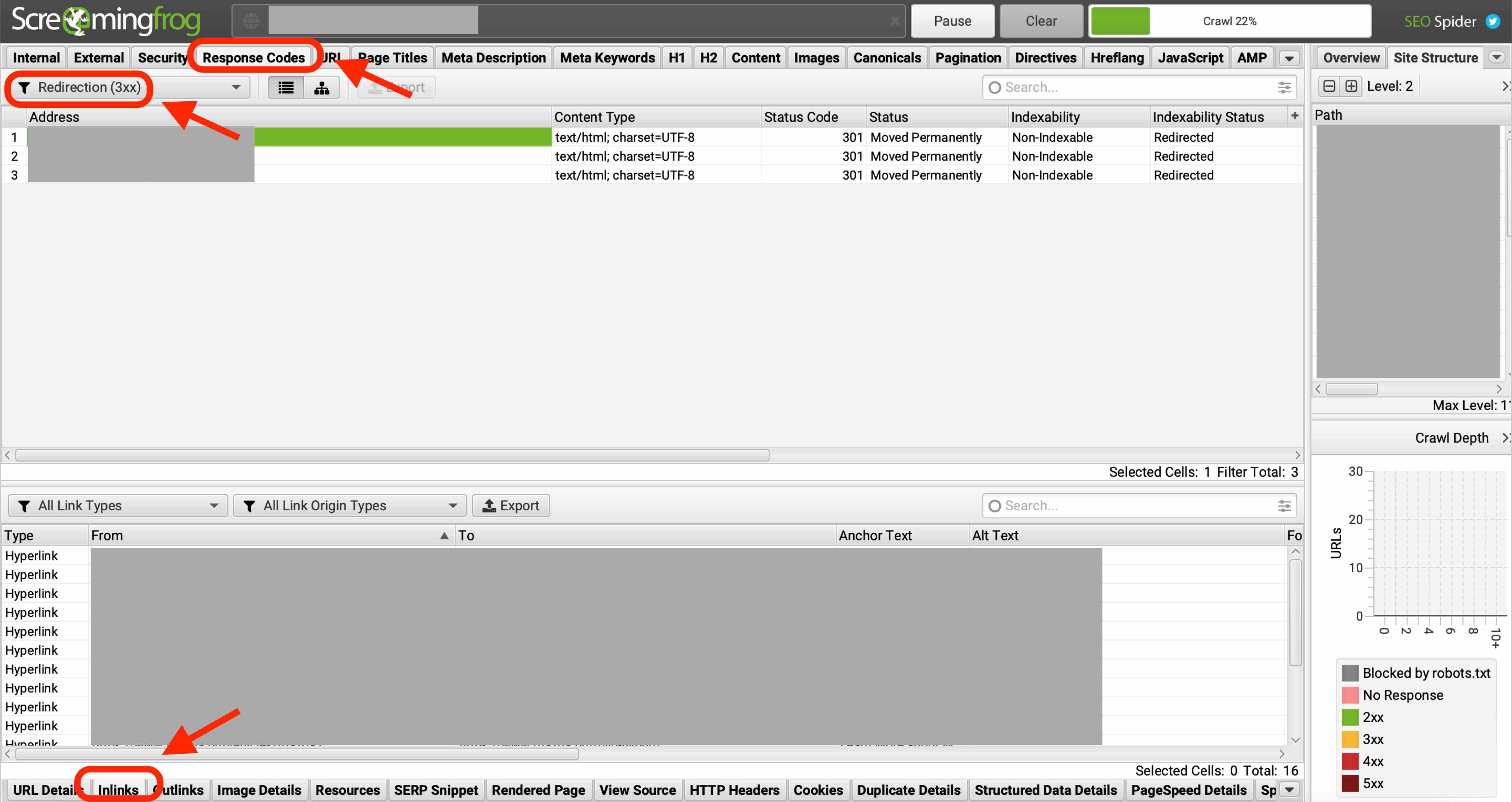 301 mostrato su Screaming Frog