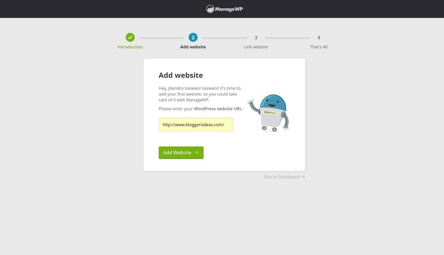 ManageWP Review- website add