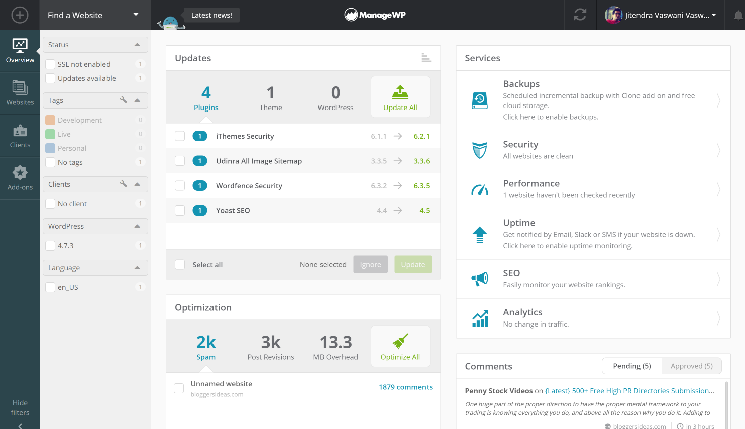 ManageWP Review- site dash board inside view