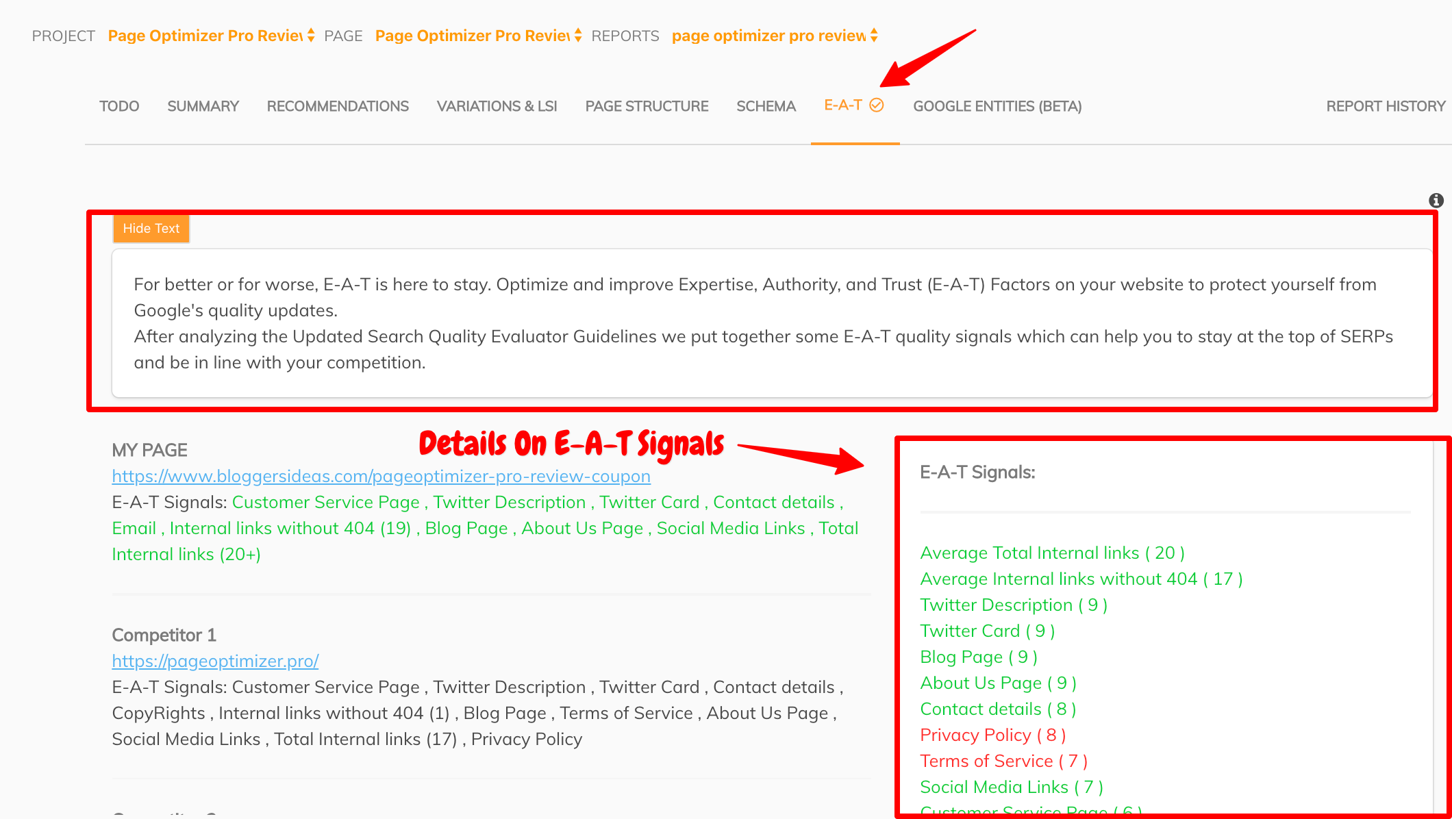 Page Optimizer Pro - détails sur le signal EAT