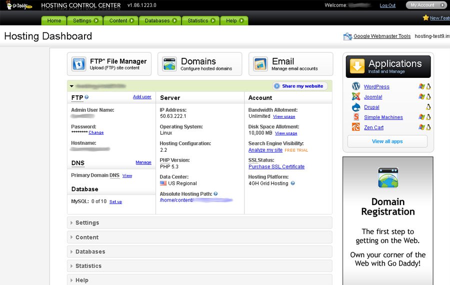 GoDaddy Control Panel -Bluehost vs Godaddy vs hostgartor