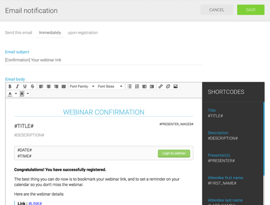 Notificação por e-mail do WebinarJam