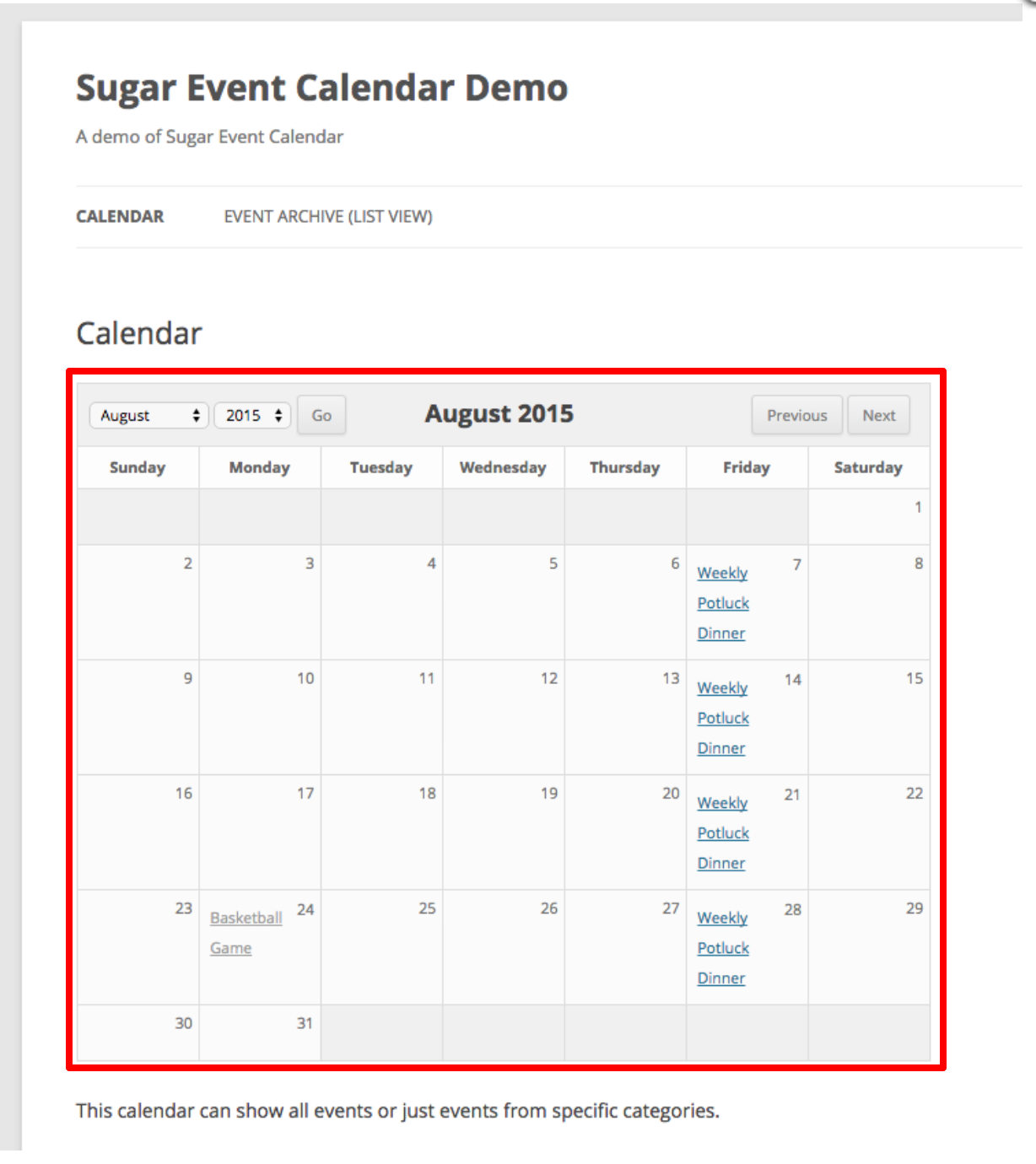 Sugar Calendar Review - Demo Evenimente