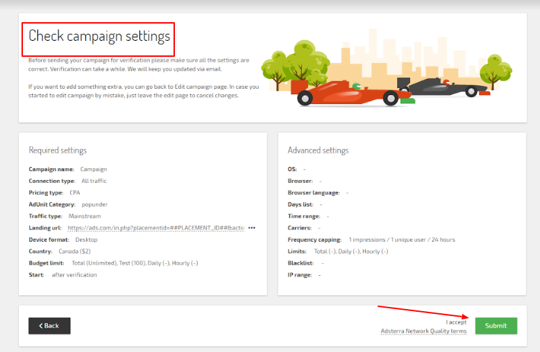 Adsterra - Revizuire - Setări campanie Adsterra - Review - Campaign settings