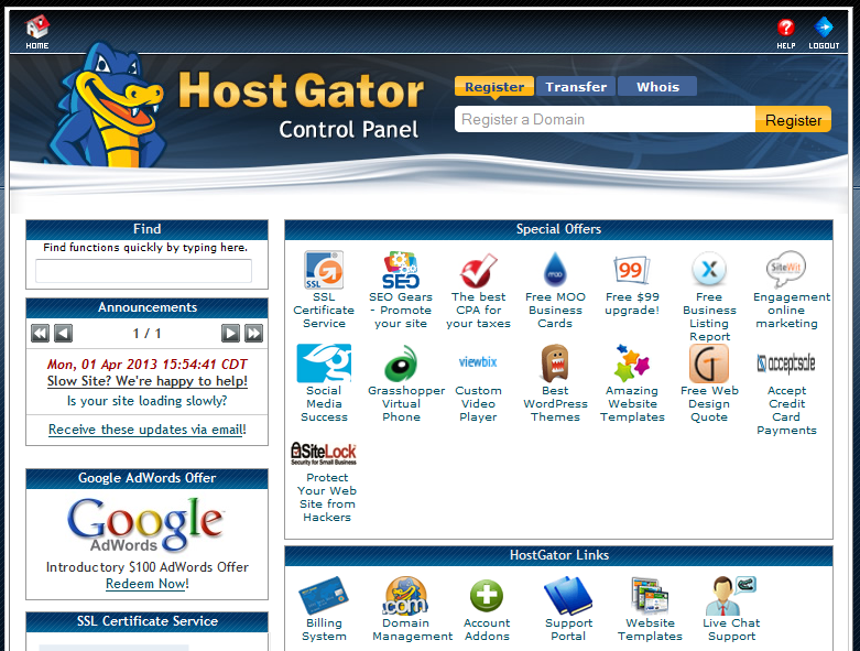 Bluehost vs HostGator vs Dreamhost - panel kontrol hostgator Bluehost vs HostGator vs Dreamhost - hostgator control panel