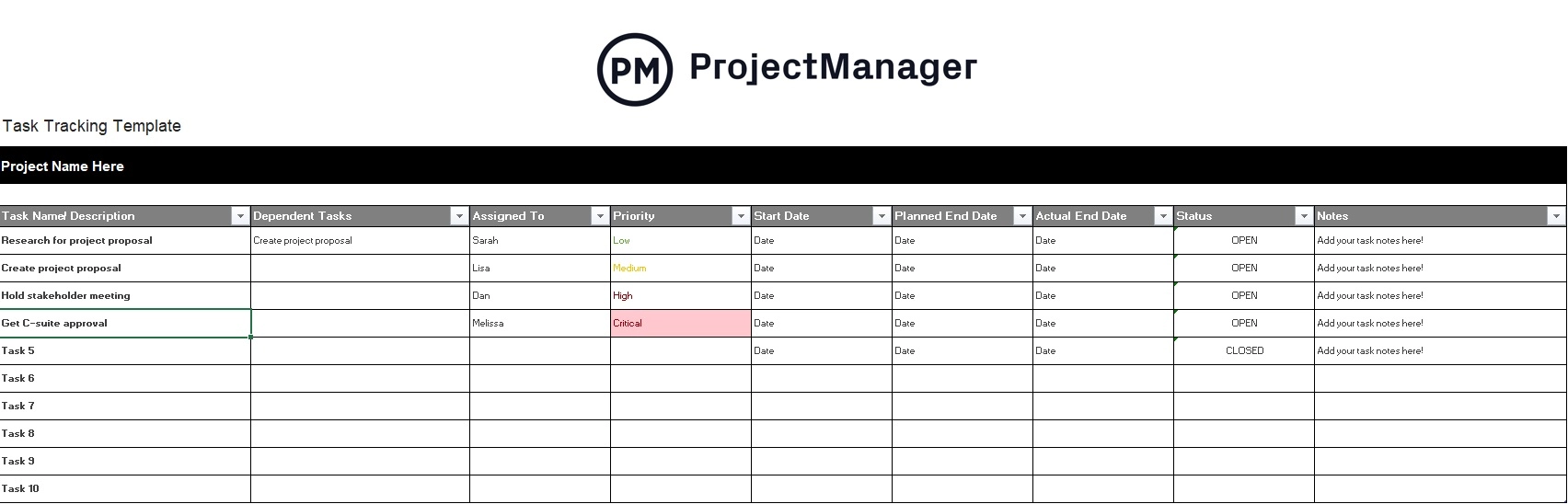 ProjectManager のタスク追跡テンプレート