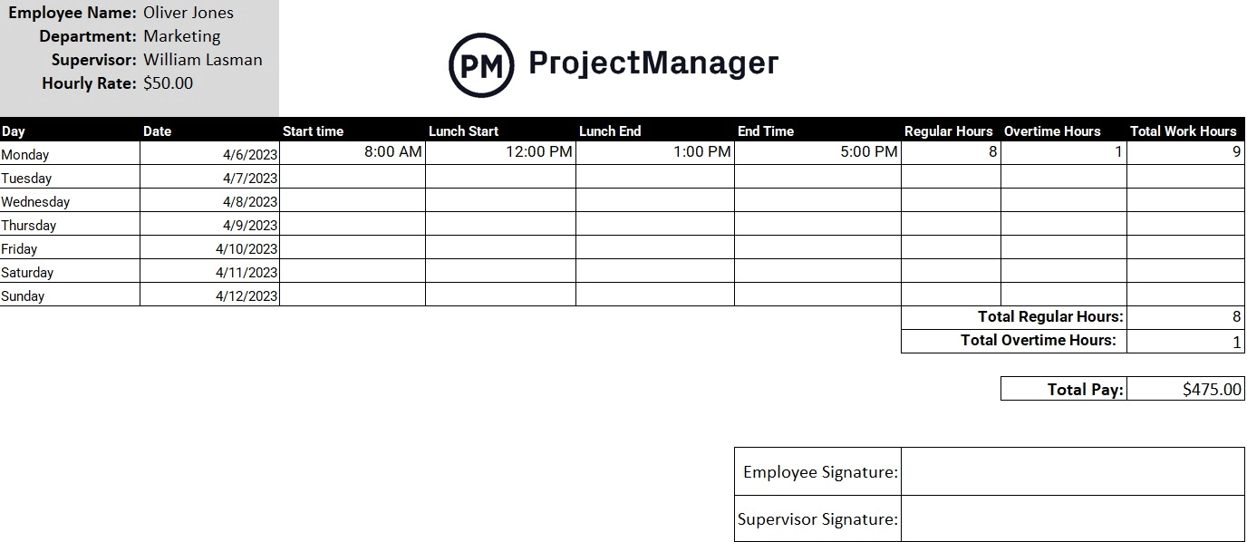 ProjectManager のタイムシート テンプレート