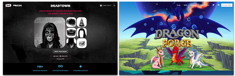 Screenshots von Macroverse und Dragon Forge NFT-betriebenen Ersteller-Community-Projekten
