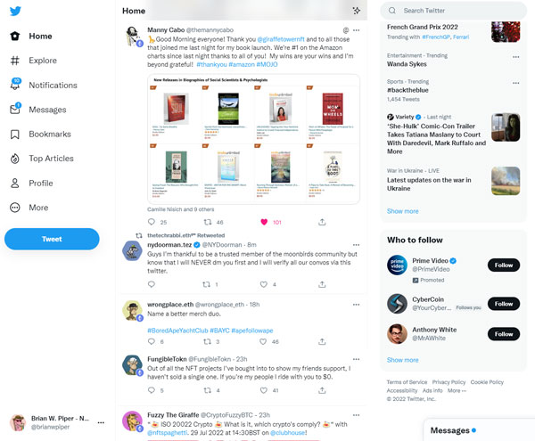 Screenshot von Twitter, der mehrere Benutzer mit NFT-Bildern als Profilbilder zeigt