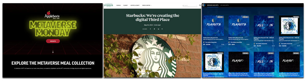 ภาพหน้าจอจากโปรแกรมรางวัลความภักดี NFT สำหรับ Applebees, Starbucks และเว็บไซต์ Dallas Mavericks