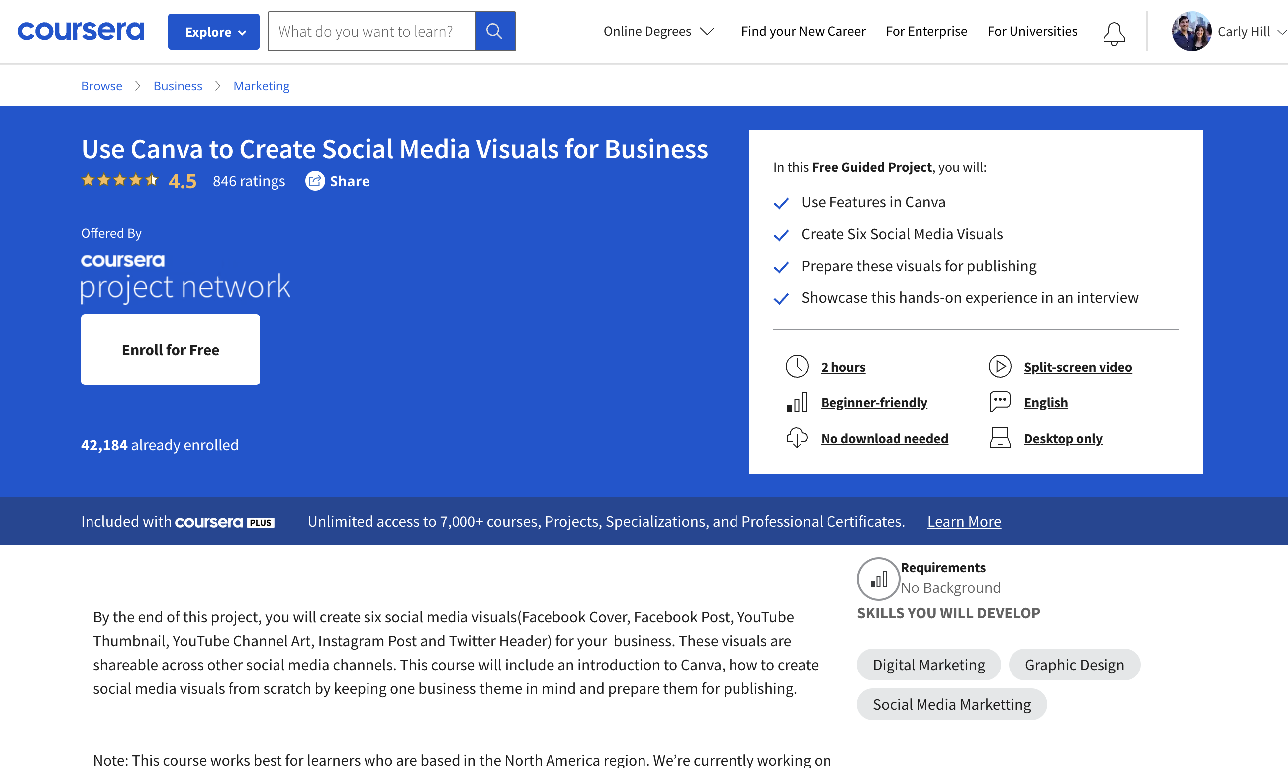 Coursera kursunun bir ekran görüntüsü, Kursun beş üzerinden dört puanlık bir derecelendirmeye sahip olduğunu görebileceğiniz İşletmeler için Sosyal Medya Görselleri Oluşturmak için Canva'yı Kullanın.