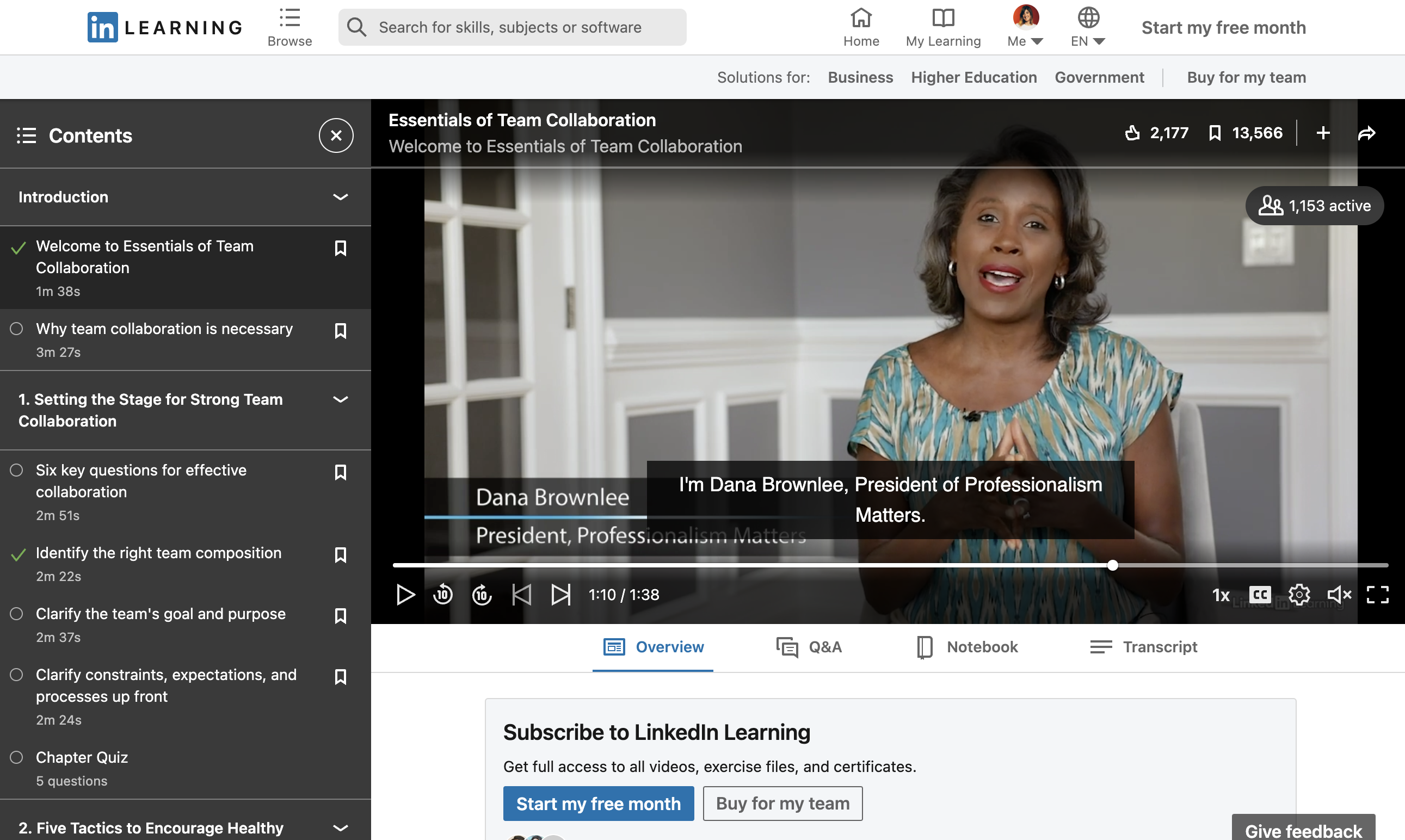Linkedin öğrenim kursunun açılış sayfasının ekran görüntüsü, Süreçlerin önceden netleştirilmesi ve bir bölüm testi de dahil olmak üzere kurs bölümlerinden bazılarını görebileceğiniz Takım İşbirliğinin Temelleri.