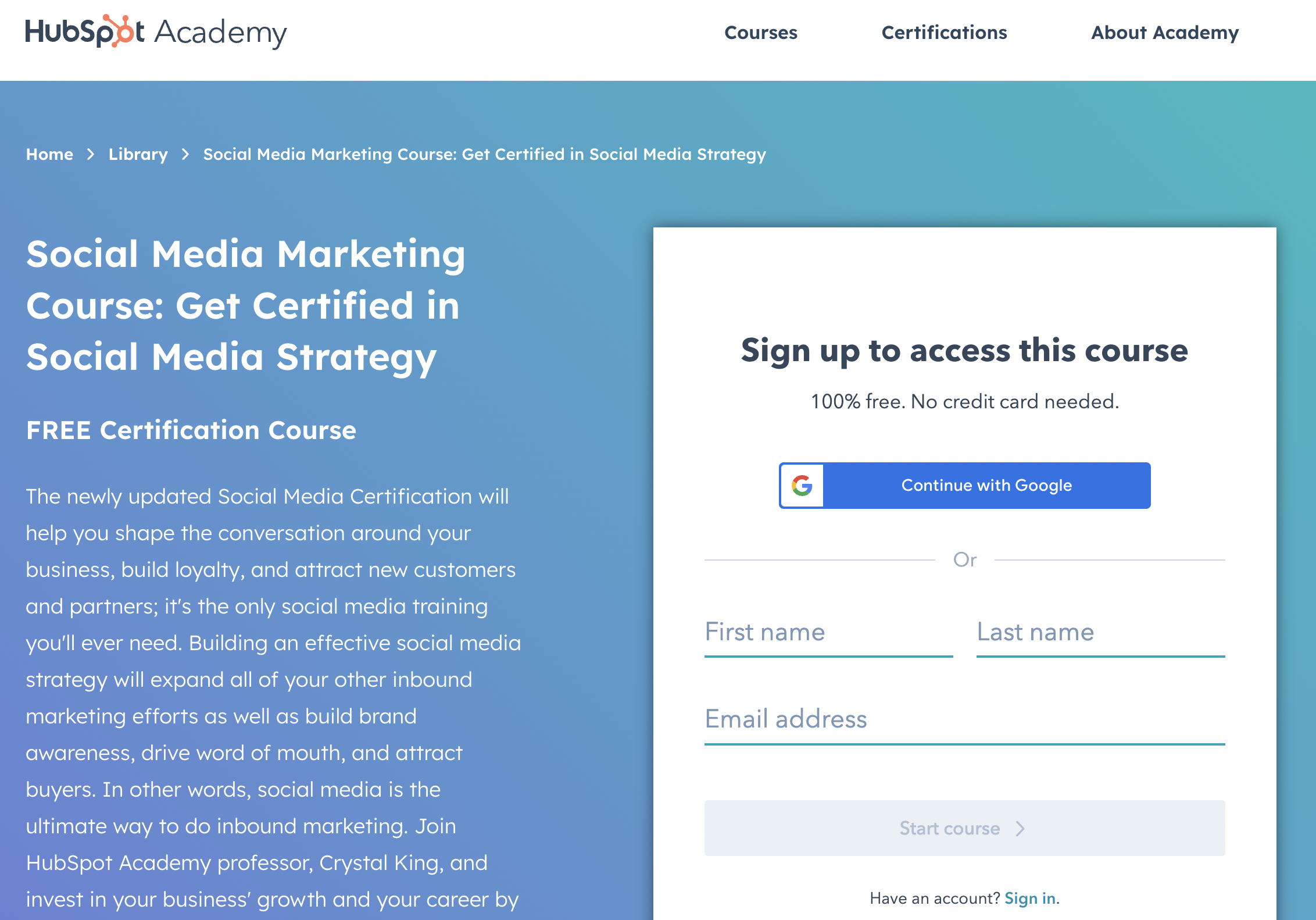 HubSpot'un Sosyal Medya Pazarlama sertifika kursunun açılış sayfasının ekran görüntüsü.