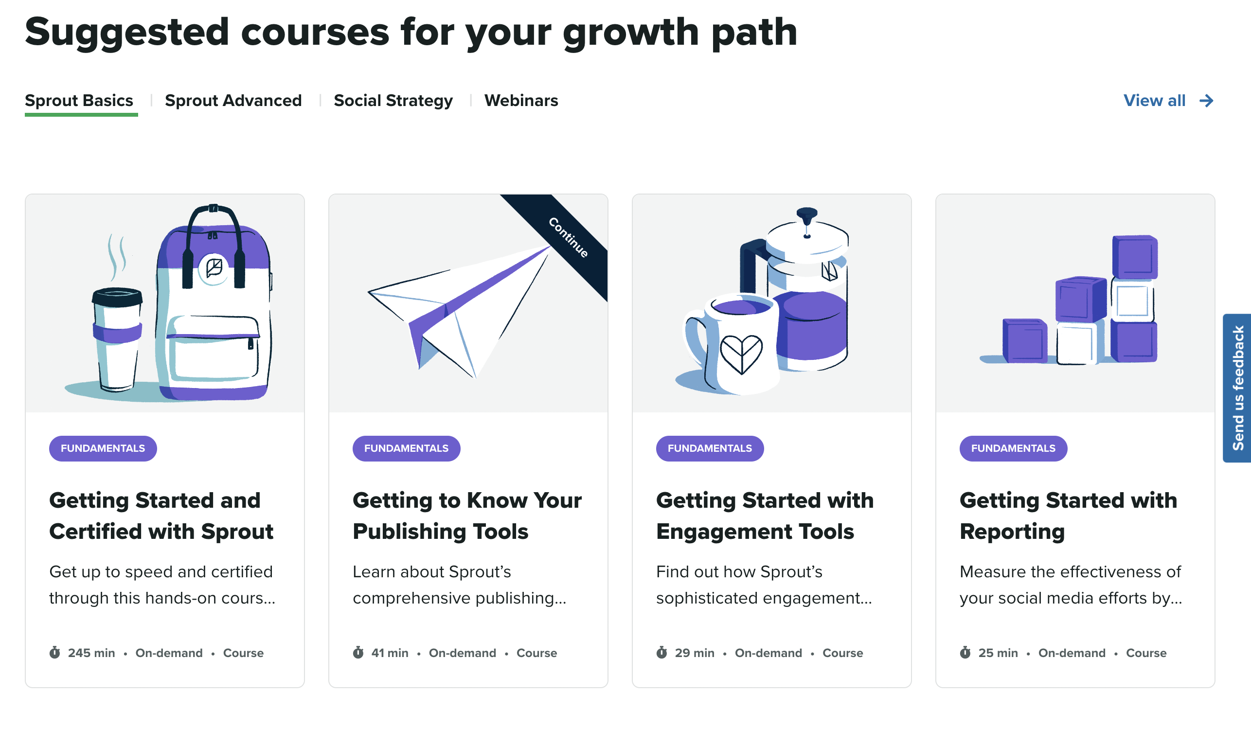 Sprout sertifikası alma, Sprout yayın araçlarını tanıma ve daha fazlasını içeren Sprout Learning Portal'da alabileceğiniz çeşitli kursların ekran görüntüsü.