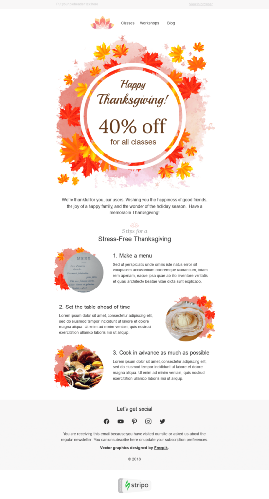 Templat Email Thanksgiving Daun Musim Gugur stripo free thanksgiving email design