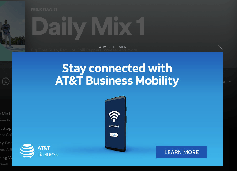 AT&T için Spotify masaüstünde görüntülü reklam