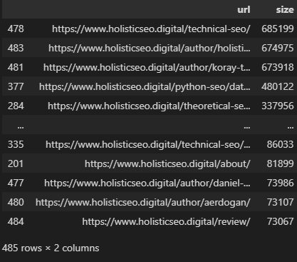 holisticseo.com URLs und Größe