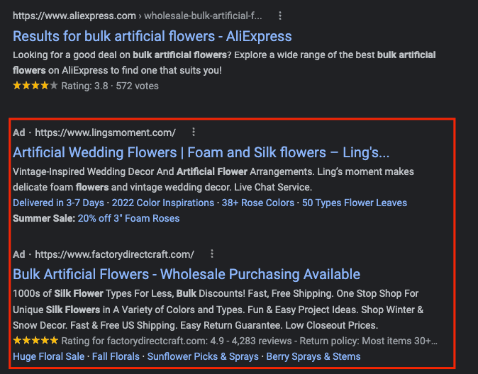 Anuncios de Google que aparecen en la parte inferior de los resultados de búsqueda