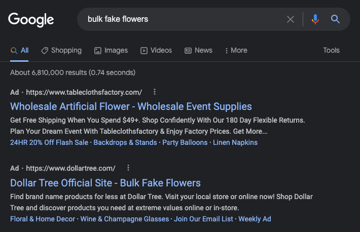 Anuncios de Google que aparecen en la parte superior de los resultados de búsqueda