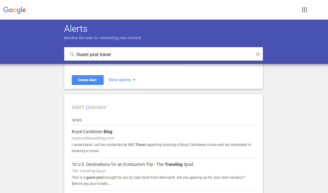 Google 快訊搜索欄首頁