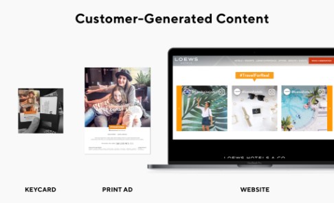 صورة ترويجية للمحتوى الذي ينشئه العميل توضح كيف يمكن تحويل هذا المحتوى إلى بطاقات مفاتيح وإعلانات مطبوعة وموقع ويب.