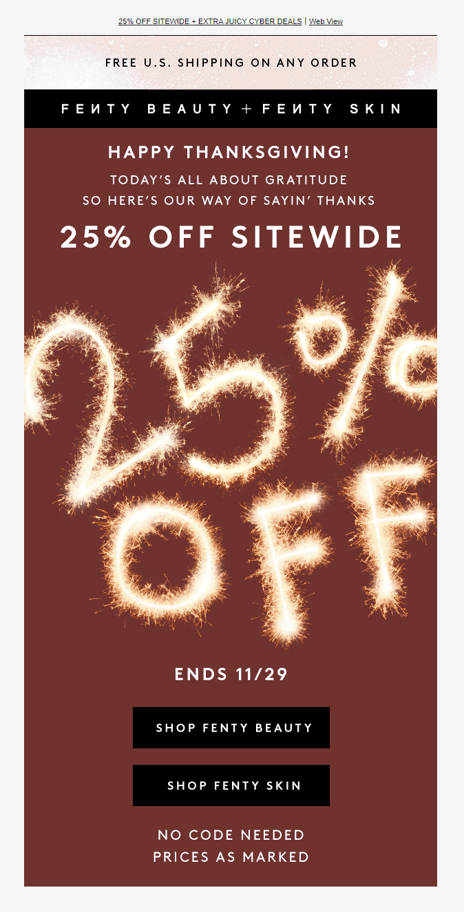 추수감사절을 위한 Fenty Beauty 이메일 마케팅 캠페인 예시 fenty beauty email marketing campaign created for Thanksgiving